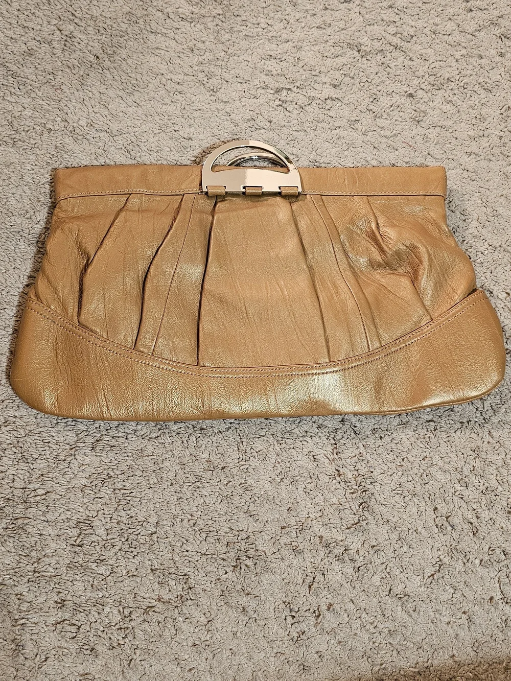 Steve Madden Camel Tan Leather Pleated Clutch with Gold Handle